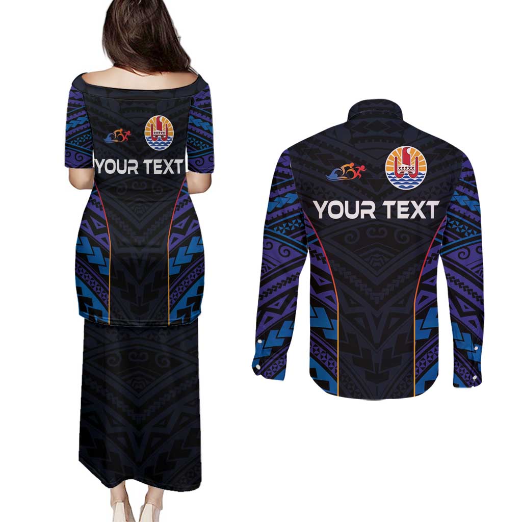 Personalised Tahiti Triathlon Polynesian Pattern Couples Matching Puletasi and Long Sleeve Button Shirt