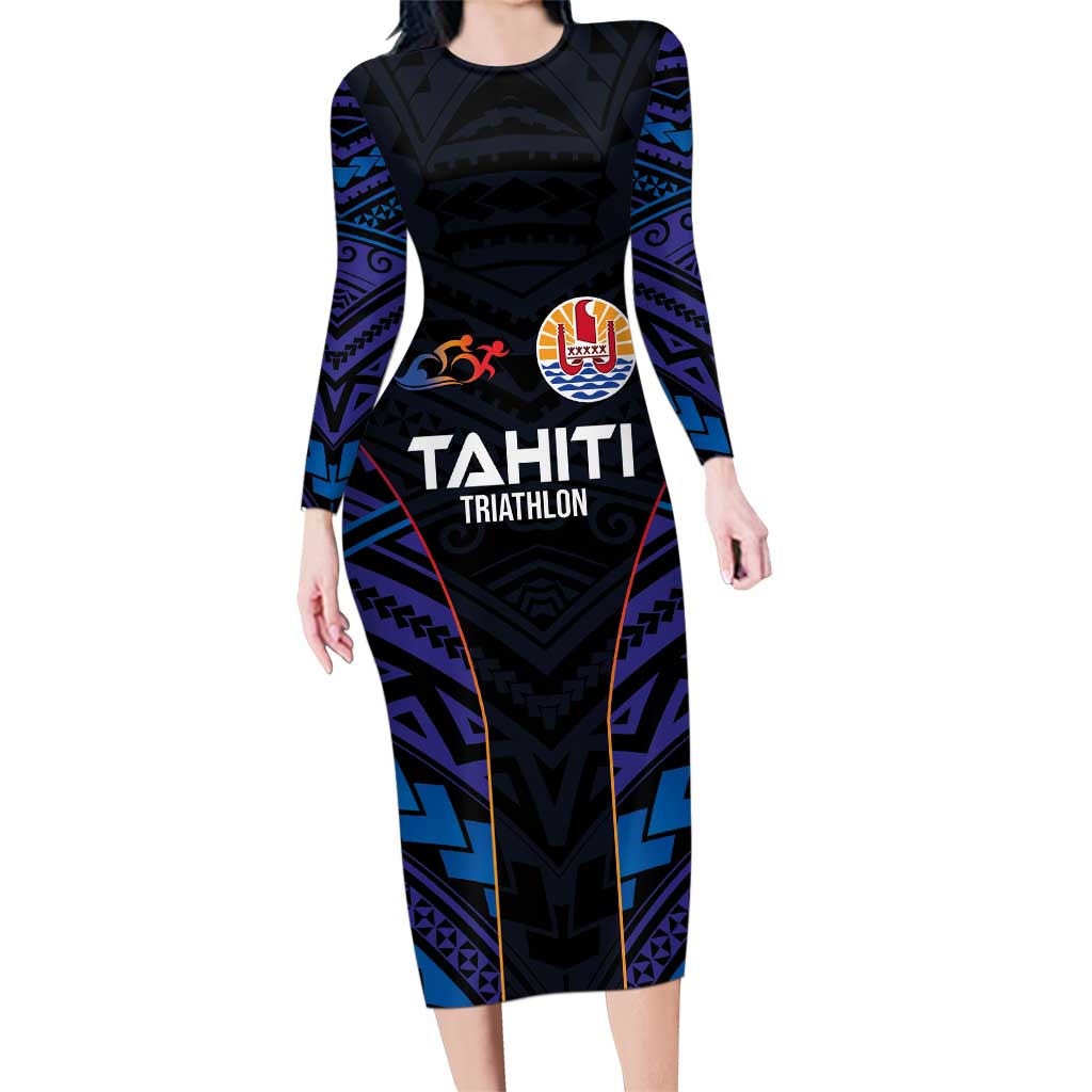 Personalised Tahiti Triathlon Polynesian Pattern Family Matching Long Sleeve Bodycon Dress and Hawaiian Shirt