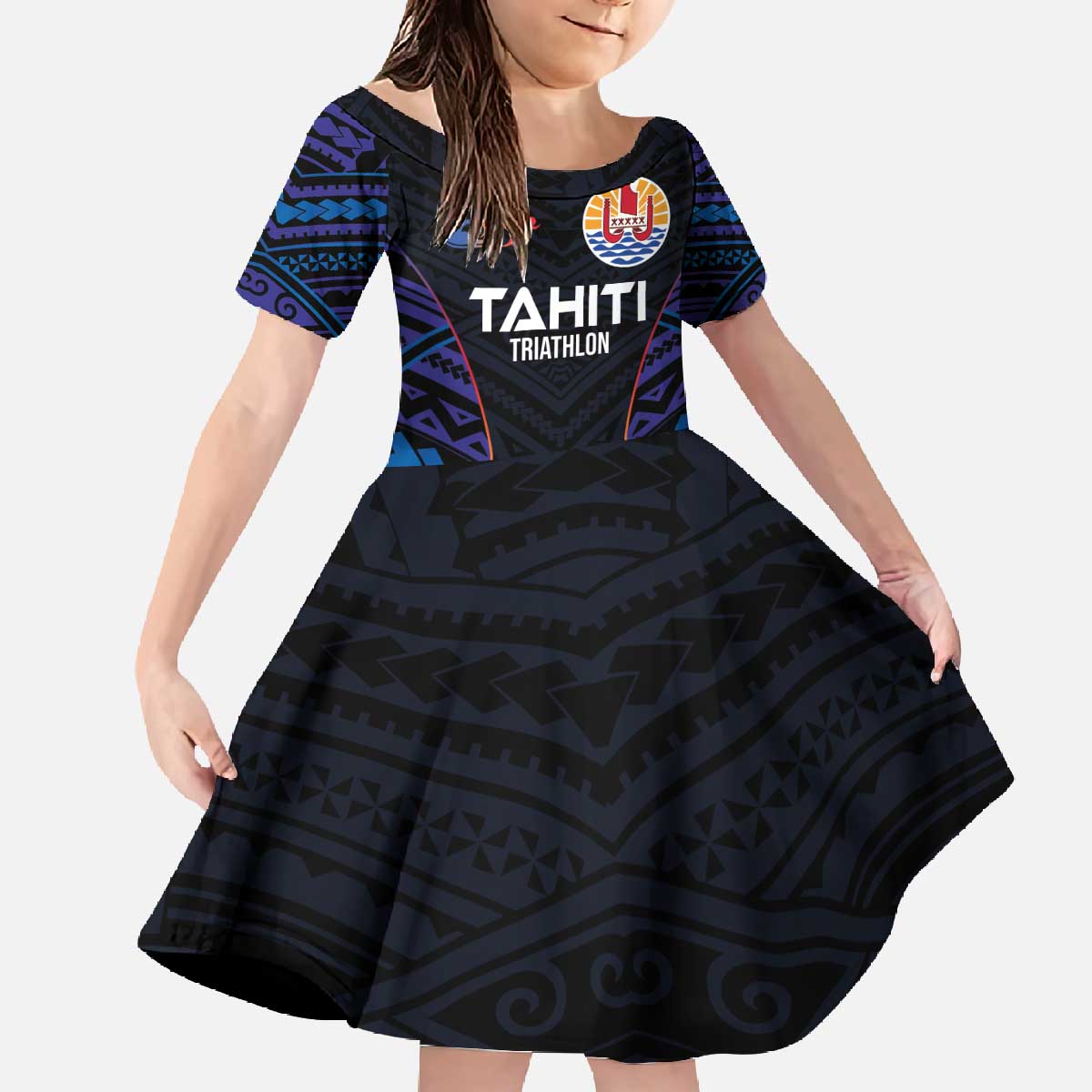 Personalised Tahiti Triathlon Polynesian Pattern Family Matching Off The Shoulder Long Sleeve Dress and Hawaiian Shirt LT03 Daughter's Dress Black - Polynesian Pride
