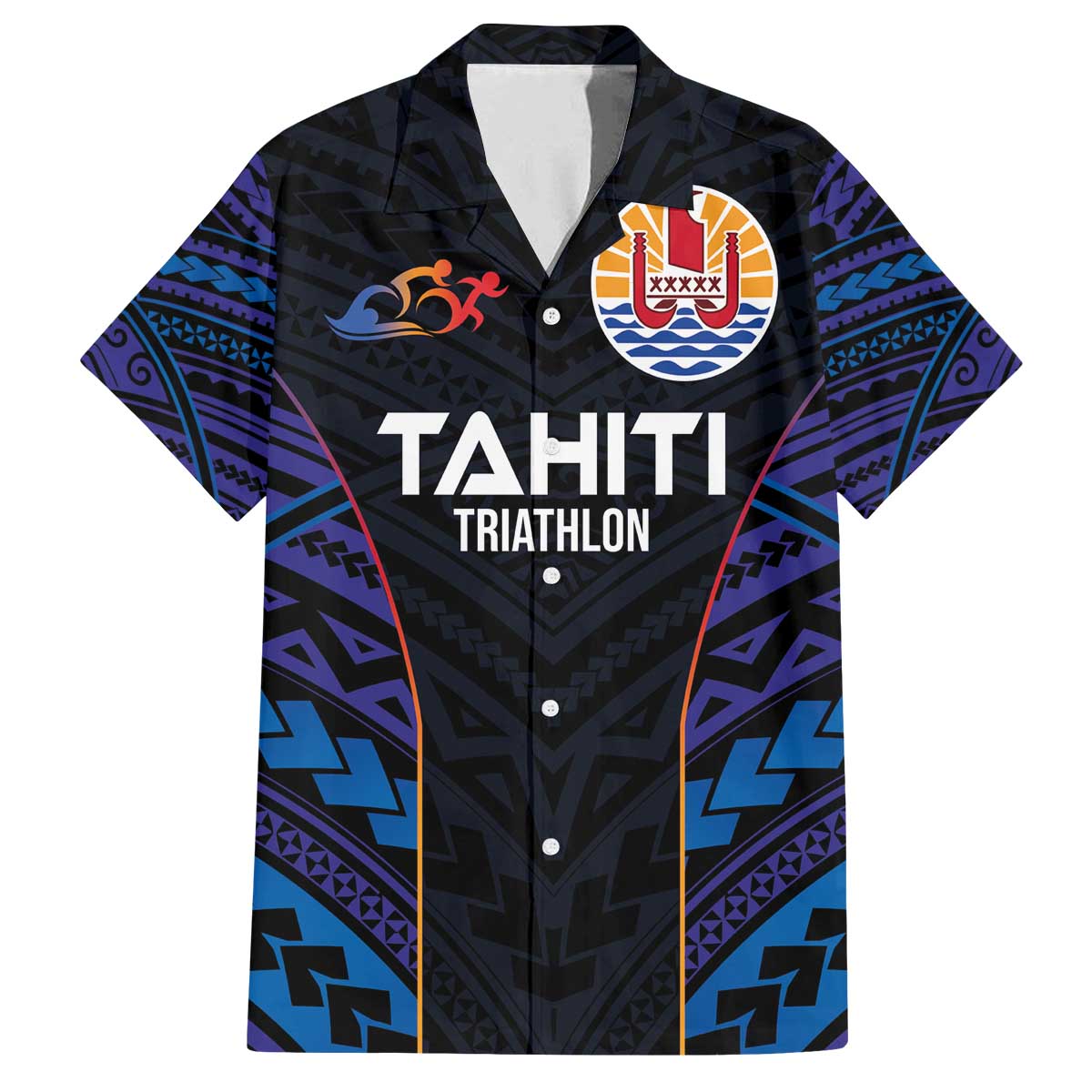 Personalised Tahiti Triathlon Polynesian Pattern Family Matching Off The Shoulder Long Sleeve Dress and Hawaiian Shirt LT03 Dad's Shirt - Short Sleeve Black - Polynesian Pride