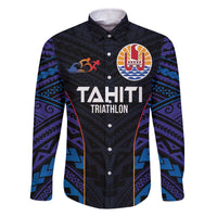 Personalised Tahiti Triathlon Polynesian Pattern Family Matching Off The Shoulder Long Sleeve Dress and Hawaiian Shirt LT03 Dad's Shirt - Long Sleeve Black - Polynesian Pride