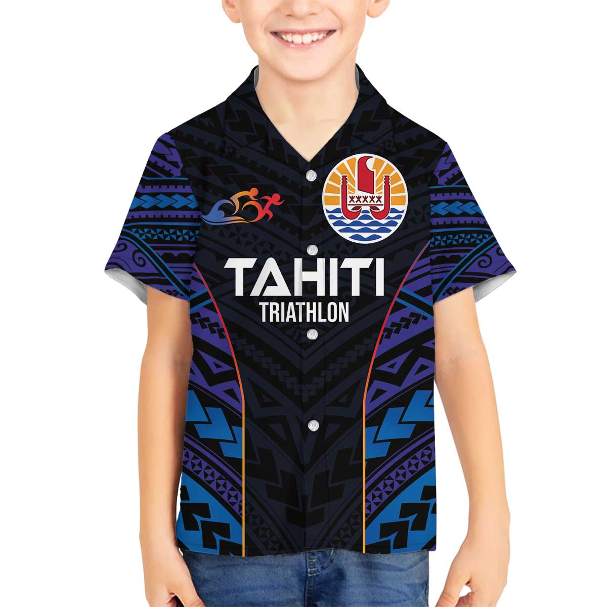Personalised Tahiti Triathlon Polynesian Pattern Family Matching Off The Shoulder Long Sleeve Dress and Hawaiian Shirt LT03 Son's Shirt Black - Polynesian Pride