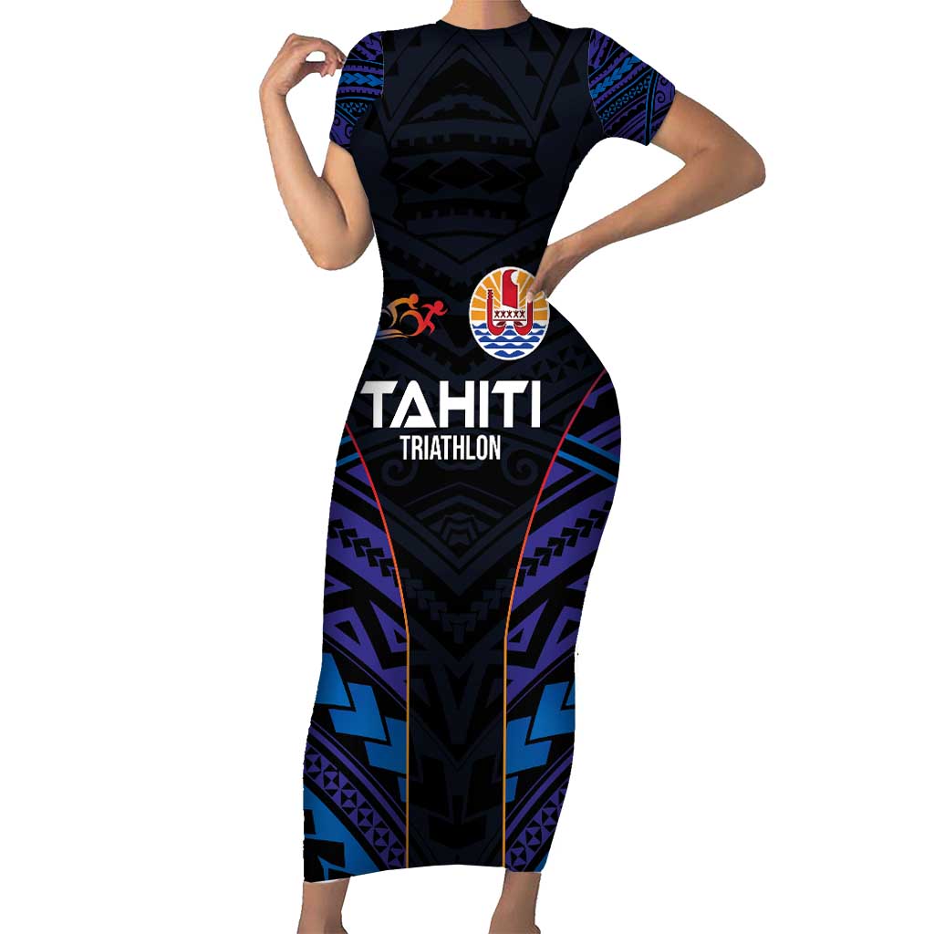 Personalised Tahiti Triathlon Polynesian Pattern Family Matching Short Sleeve Bodycon Dress and Hawaiian Shirt