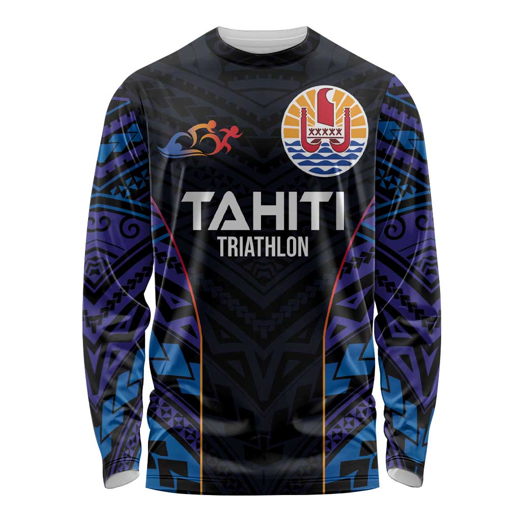 Personalised Tahiti Triathlon Polynesian Pattern Long Sleeve Shirt LT03 Unisex Black - Polynesian Pride