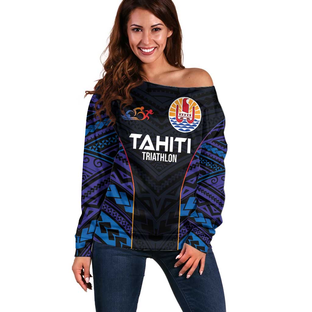 Personalised Tahiti Triathlon Polynesian Pattern Off Shoulder Sweater LT03 Women Black - Polynesian Pride