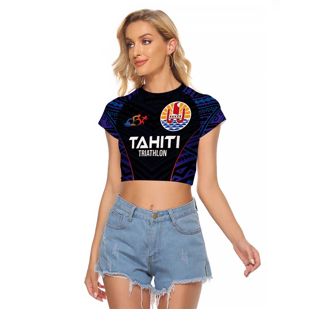 Personalised Tahiti Triathlon Polynesian Pattern Raglan Cropped T Shirt LT03 Female Black - Polynesian Pride