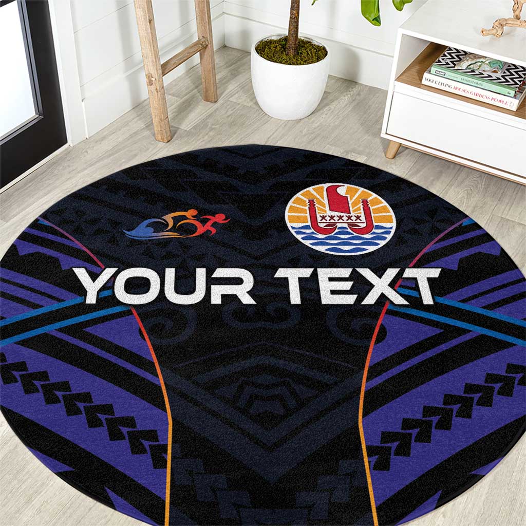 Personalised Tahiti Triathlon Polynesian Pattern Round Carpet LT03 Black - Polynesian Pride