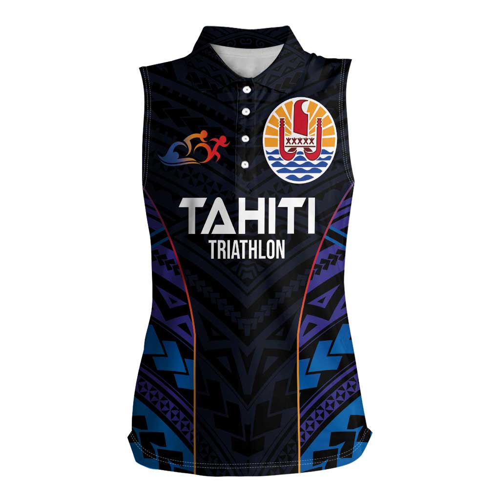 Personalised Tahiti Triathlon Polynesian Pattern Women Sleeveless Polo Shirt LT03 Female Black - Polynesian Pride