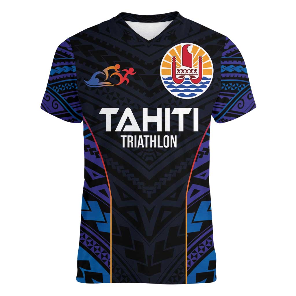 Personalised Tahiti Triathlon Polynesian Pattern Women V-Neck T-Shirt LT03 Female Black - Polynesian Pride