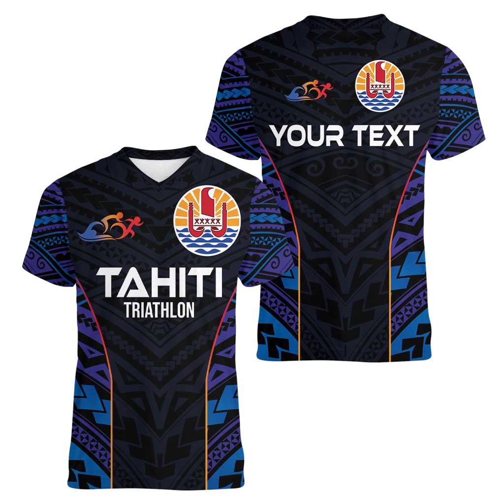 Personalised Tahiti Triathlon Polynesian Pattern Women V-Neck T-Shirt