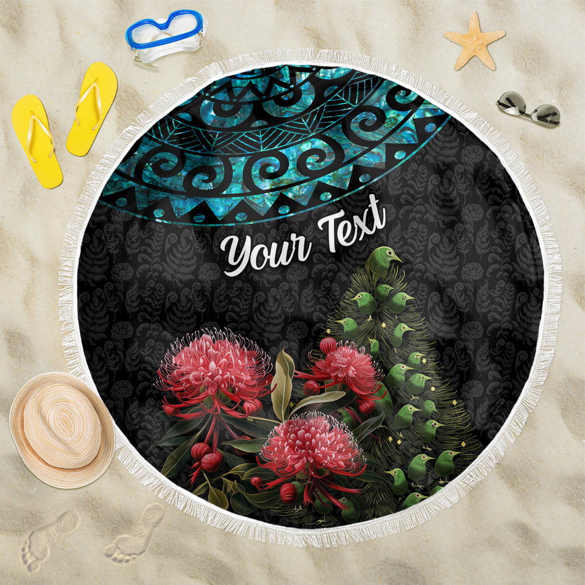 Personalized New Zealand Christmas Beach Blanket Maori Santa Pikorua and Pohutukawa Meri Kirihimete LT03 One Size 150cm Black - Polynesian Pride
