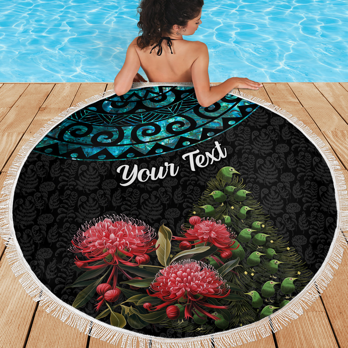 Personalized New Zealand Christmas Beach Blanket Maori Santa Pikorua and Pohutukawa Meri Kirihimete LT03 - Polynesian Pride
