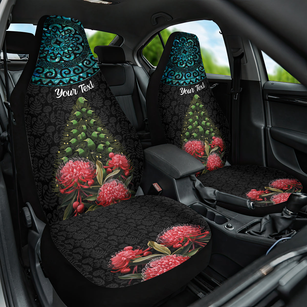 Personalized New Zealand Christmas Car Seat Cover Maori Santa Pikorua and Pohutukawa Meri Kirihimete LT03 One Size Black - Polynesian Pride