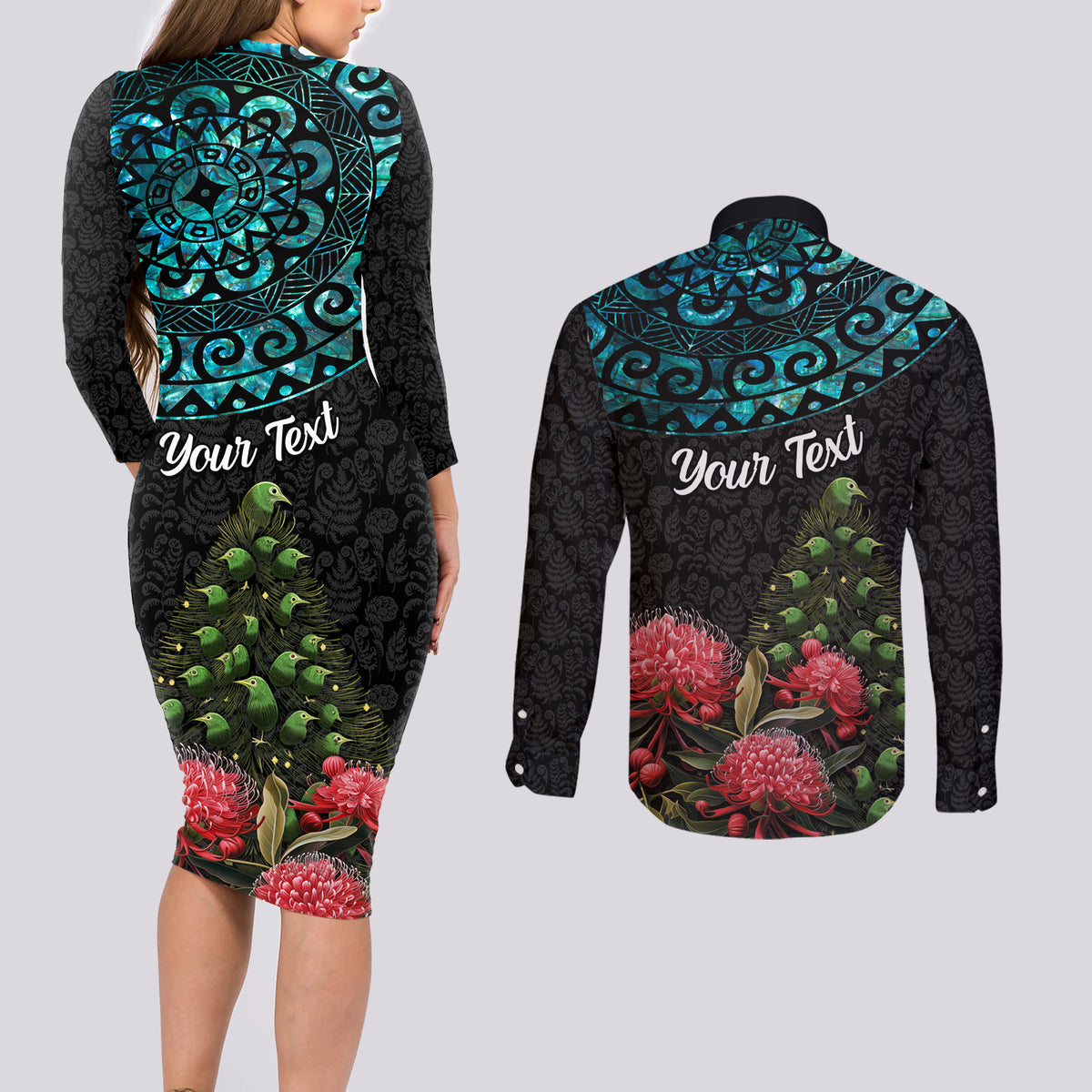 Personalized New Zealand Christmas Couples Matching Long Sleeve Bodycon Dress and Long Sleeve Button Shirt Maori Santa Pikorua and Pohutukawa Meri Kirihimete LT03 - Polynesian Pride