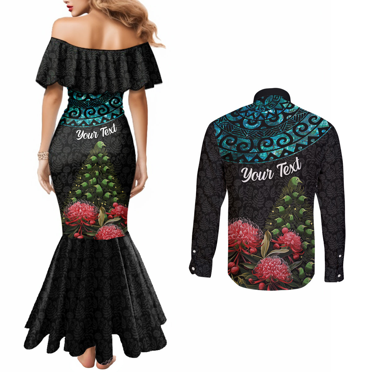 Personalized New Zealand Christmas Couples Matching Mermaid Dress and Long Sleeve Button Shirt Maori Santa Pikorua and Pohutukawa Meri Kirihimete LT03 - Polynesian Pride