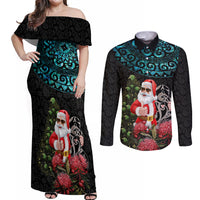 Personalized New Zealand Christmas Couples Matching Off Shoulder Maxi Dress and Long Sleeve Button Shirt Maori Santa Pikorua and Pohutukawa Meri Kirihimete LT03 Black - Polynesian Pride