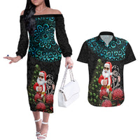 Personalized New Zealand Christmas Couples Matching Off The Shoulder Long Sleeve Dress and Hawaiian Shirt Maori Santa Pikorua and Pohutukawa Meri Kirihimete LT03 Black - Polynesian Pride