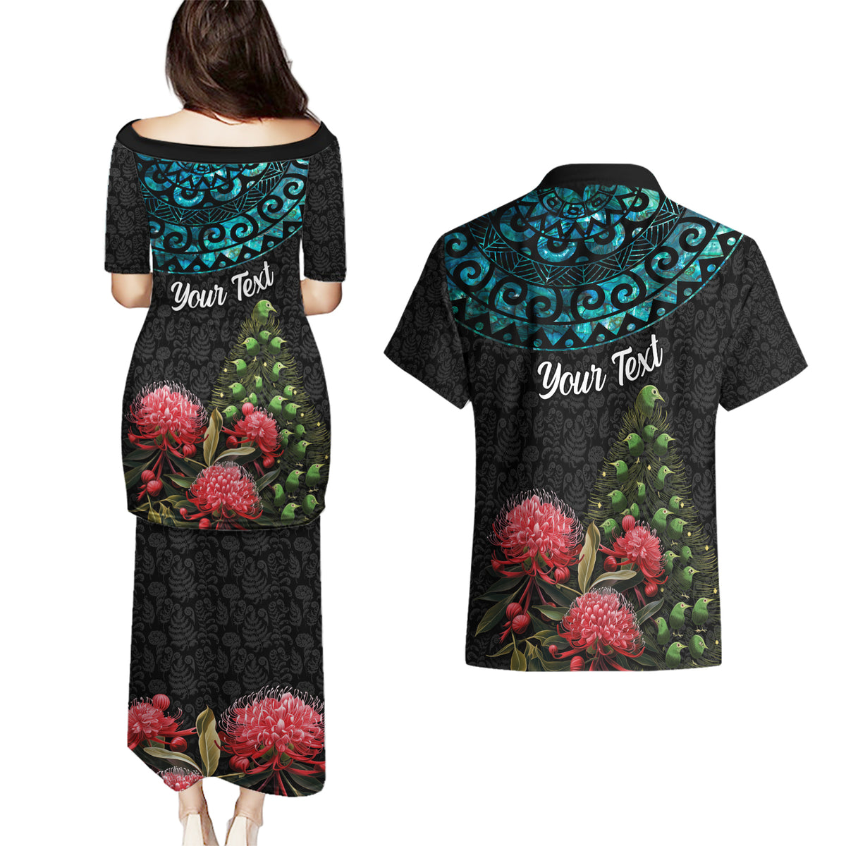 Personalized New Zealand Christmas Couples Matching Puletasi Dress and Hawaiian Shirt Maori Santa Pikorua and Pohutukawa Meri Kirihimete LT03 - Polynesian Pride