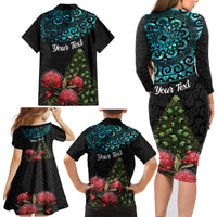 Personalized New Zealand Christmas Family Matching Long Sleeve Bodycon Dress and Hawaiian Shirt Maori Santa Pikorua and Pohutukawa Meri Kirihimete LT03 - Polynesian Pride