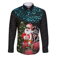 Personalized New Zealand Christmas Family Matching Off Shoulder Long Sleeve Dress and Hawaiian Shirt Maori Santa Pikorua and Pohutukawa Meri Kirihimete LT03 Dad's Shirt - Long Sleeve Black - Polynesian Pride