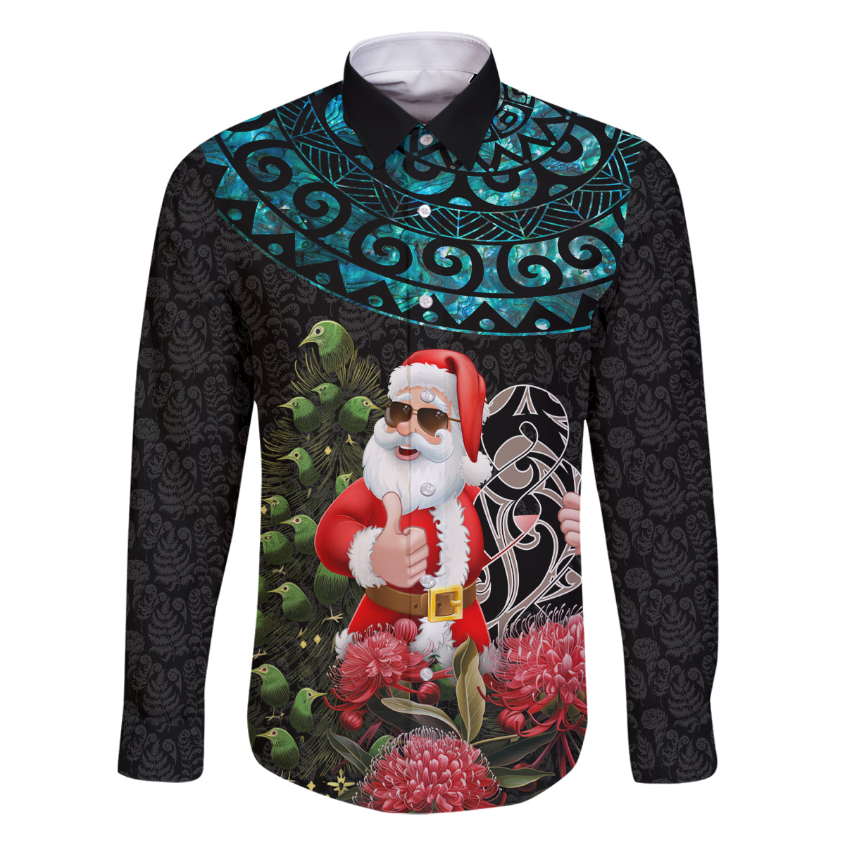 Personalized New Zealand Christmas Family Matching Off Shoulder Maxi Dress and Hawaiian Shirt Maori Santa Pikorua and Pohutukawa Meri Kirihimete LT03 Dad's Shirt - Long Sleeve Black - Polynesian Pride