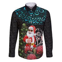 Personalized New Zealand Christmas Family Matching Puletasi Dress and Hawaiian Shirt Maori Santa Pikorua and Pohutukawa Meri Kirihimete LT03 Dad's Shirt - Long Sleeve Black - Polynesian Pride