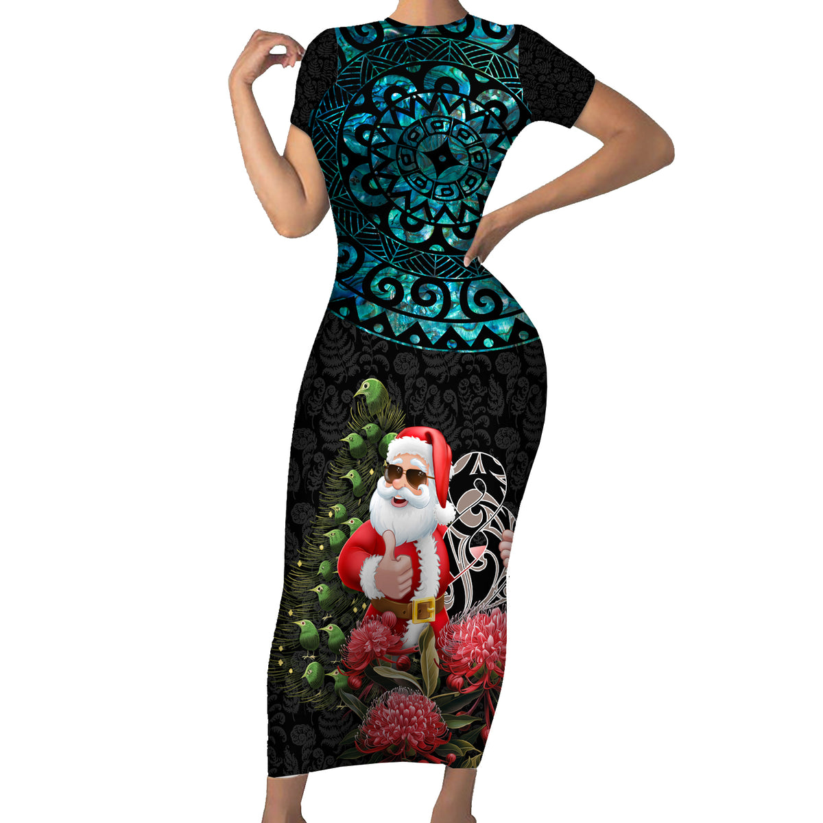 Personalized New Zealand Christmas Family Matching Short Sleeve Bodycon Dress and Hawaiian Shirt Maori Santa Pikorua and Pohutukawa Meri Kirihimete LT03 Mom's Dress Black - Polynesian Pride