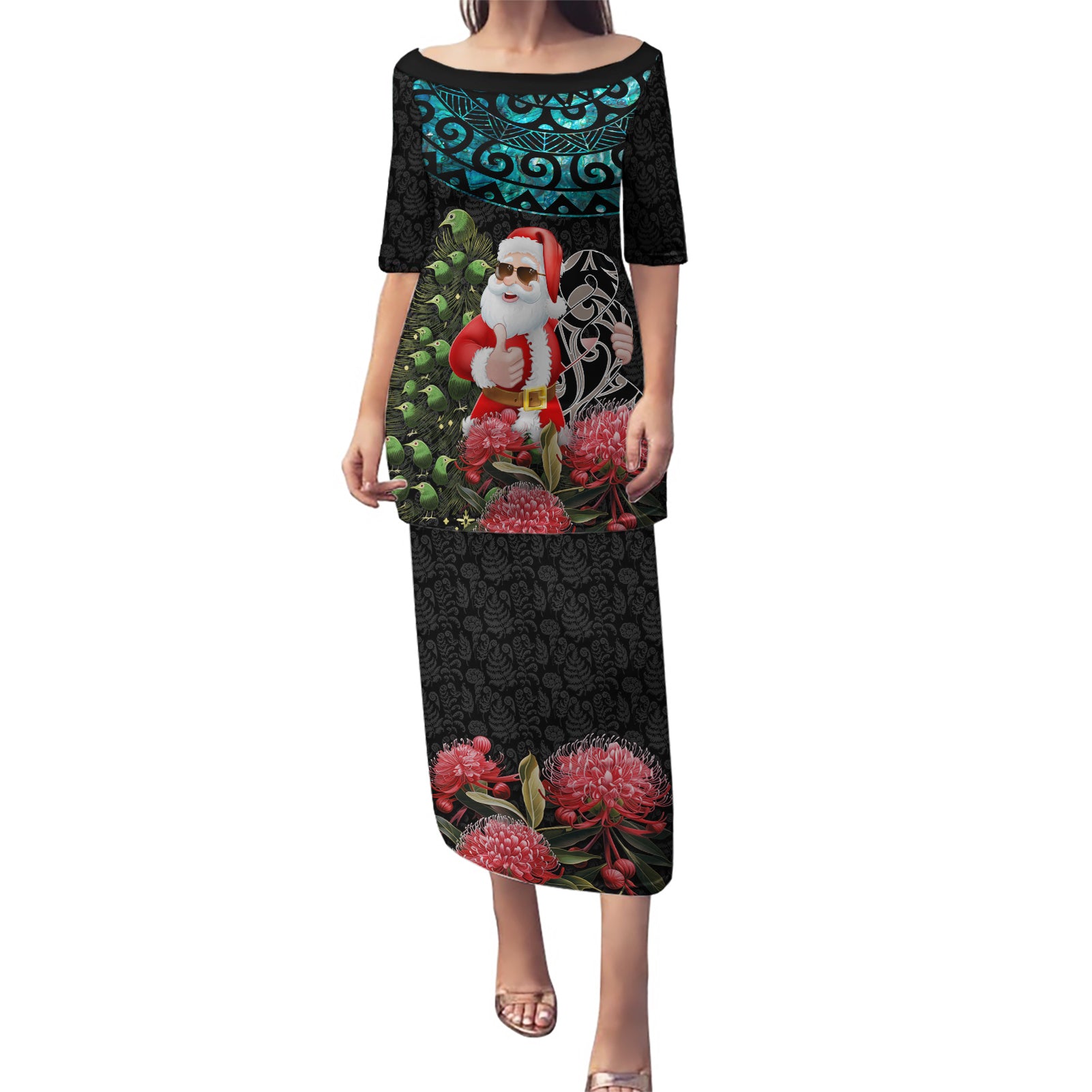 Personalized New Zealand Christmas Puletasi Maori Santa Pikorua and Pohutukawa Meri Kirihimete LT03 Long Dress Black - Polynesian Pride
