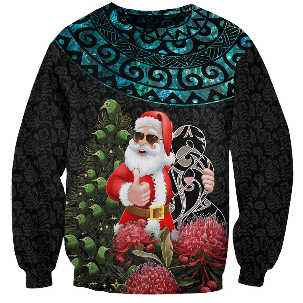 Personalized New Zealand Christmas Sweatshirt Maori Santa Pikorua and Pohutukawa Meri Kirihimete LT03 Unisex Black - Polynesian Pride