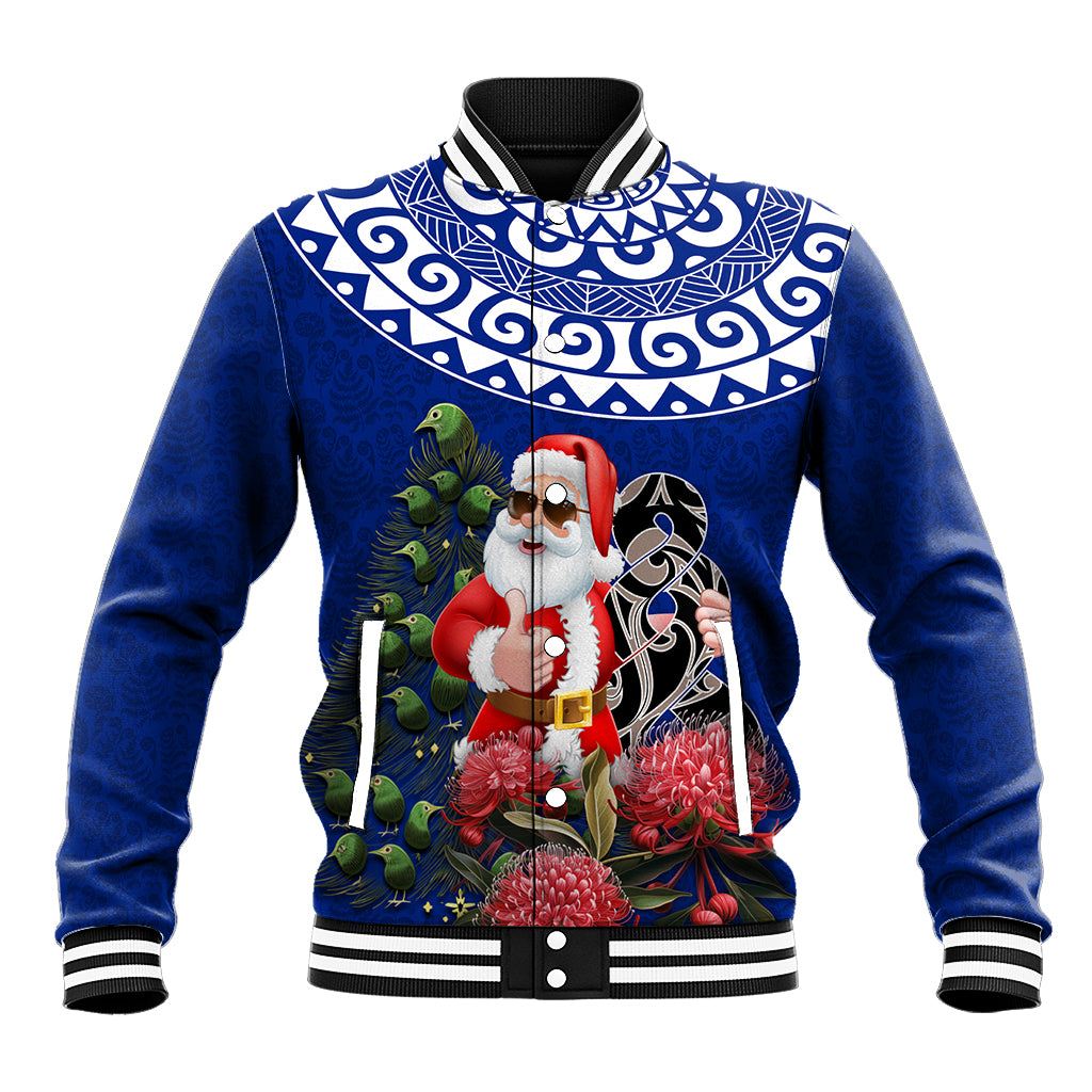 Personalized New Zealand Christmas Baseball Jacket Maori Santa Pikorua and Pohutukawa Meri Kirihimete Blue LT03 Unisex Blue - Polynesian Pride
