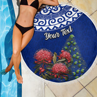 Personalized New Zealand Christmas Beach Blanket Maori Santa Pikorua and Pohutukawa Meri Kirihimete Blue LT03 - Polynesian Pride