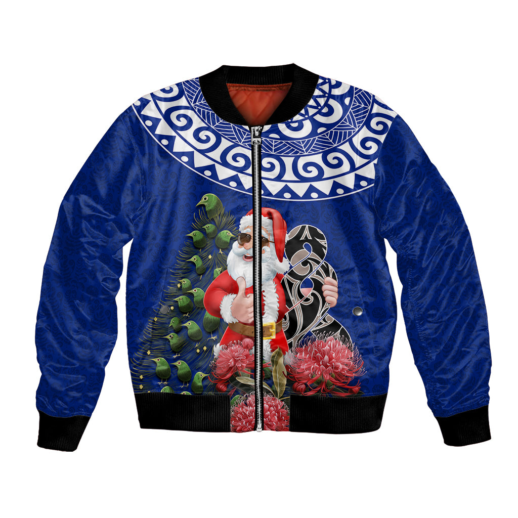 Personalized New Zealand Christmas Bomber Jacket Maori Santa Pikorua and Pohutukawa Meri Kirihimete Blue LT03 Unisex Blue - Polynesian Pride