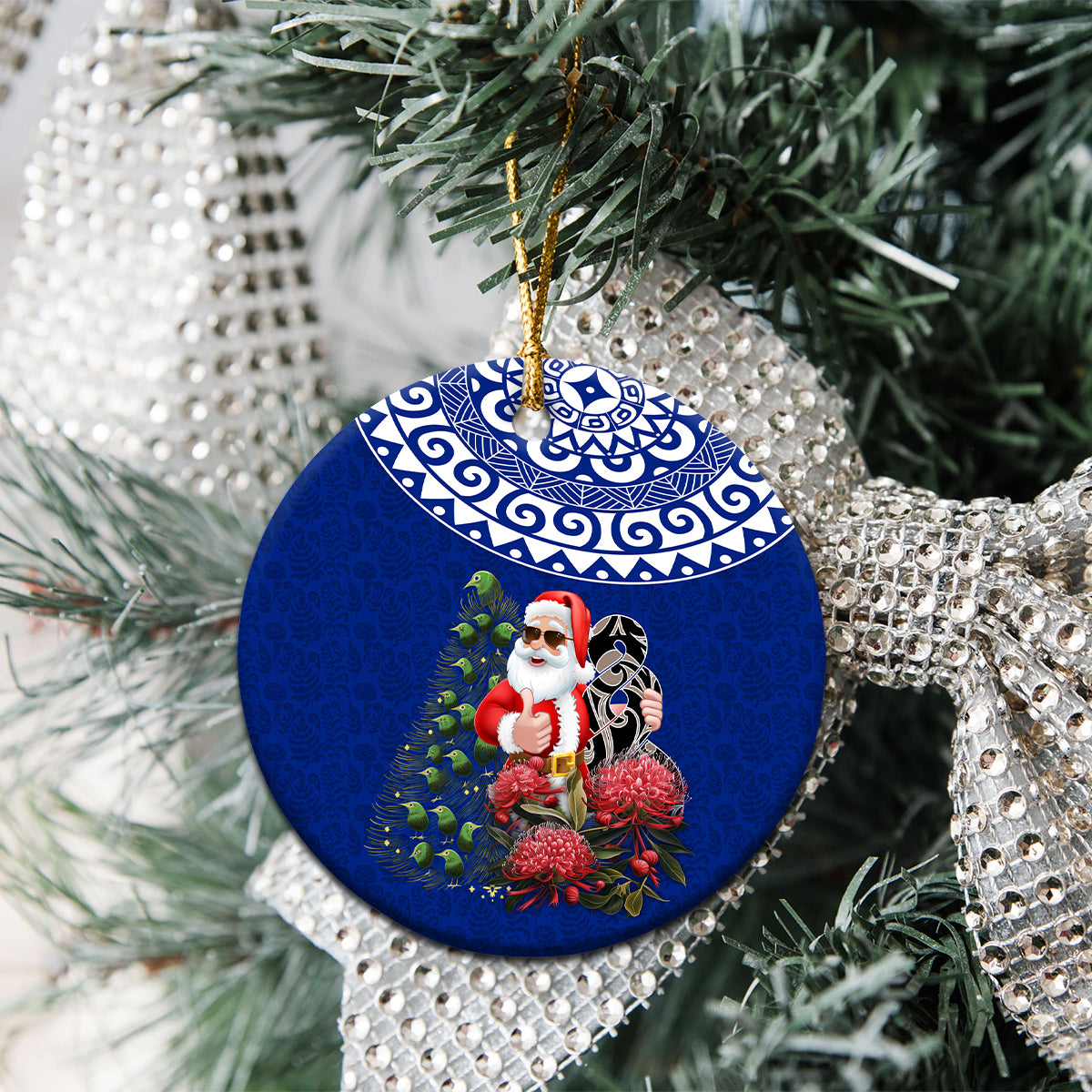 Personalized New Zealand Christmas Ceramic Ornament Maori Santa Pikorua and Pohutukawa Meri Kirihimete Blue LT03 - Polynesian Pride