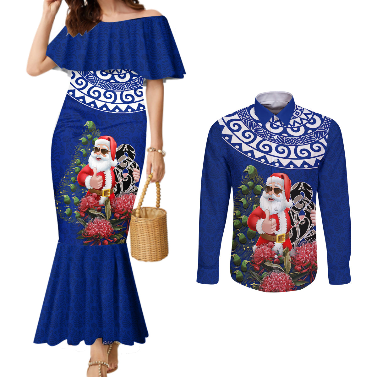 Personalized New Zealand Christmas Couples Matching Mermaid Dress and Long Sleeve Button Shirt Maori Santa Pikorua and Pohutukawa Meri Kirihimete Blue LT03 Blue - Polynesian Pride