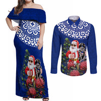 Personalized New Zealand Christmas Couples Matching Off Shoulder Maxi Dress and Long Sleeve Button Shirt Maori Santa Pikorua and Pohutukawa Meri Kirihimete Blue LT03 Blue - Polynesian Pride