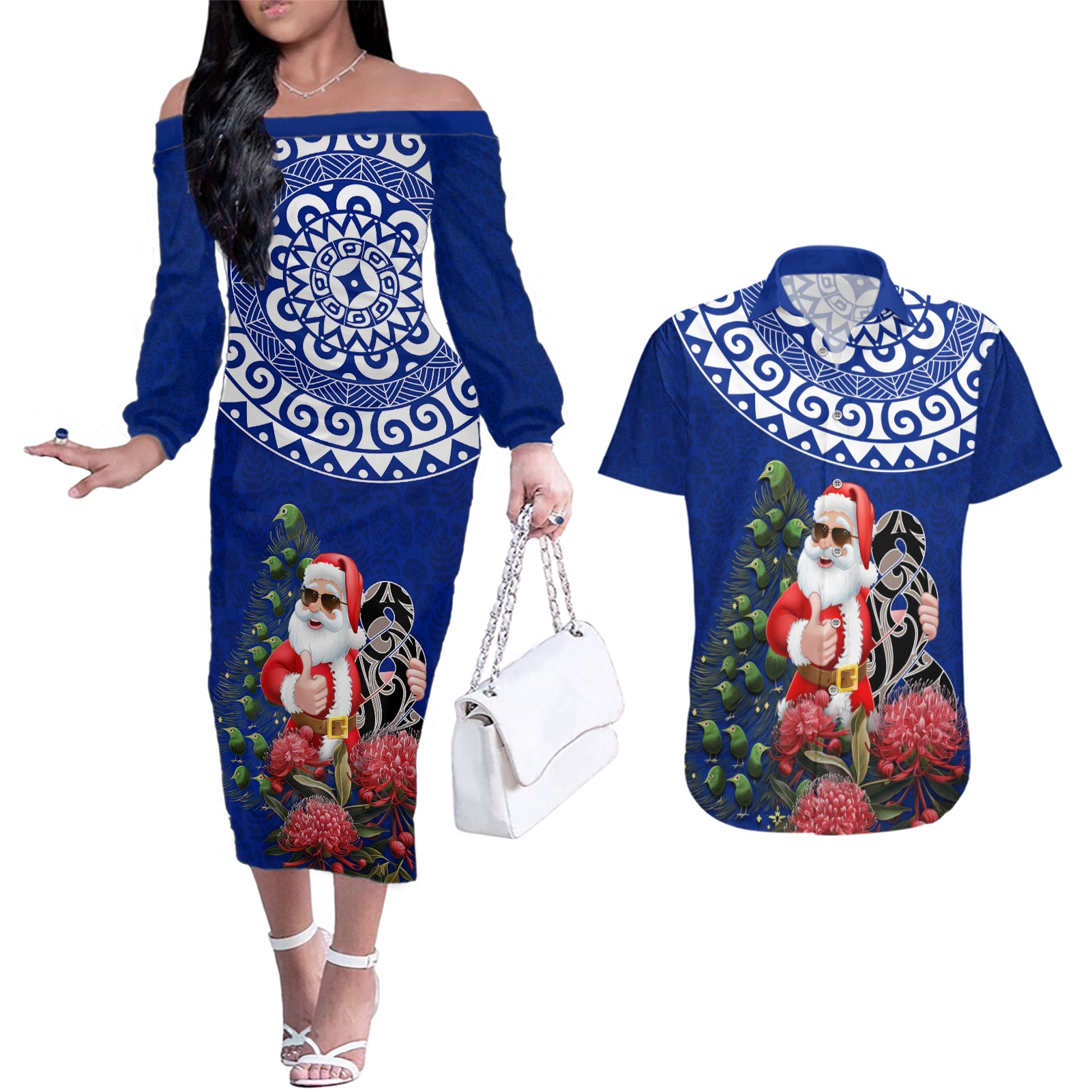 Personalized New Zealand Christmas Couples Matching Off The Shoulder Long Sleeve Dress and Hawaiian Shirt Maori Santa Pikorua and Pohutukawa Meri Kirihimete Blue LT03 Blue - Polynesian Pride