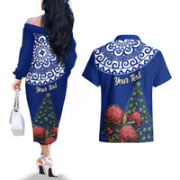Personalized New Zealand Christmas Couples Matching Off The Shoulder Long Sleeve Dress and Hawaiian Shirt Maori Santa Pikorua and Pohutukawa Meri Kirihimete Blue LT03 - Polynesian Pride