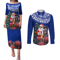 Personalized New Zealand Christmas Couples Matching Puletasi Dress and Long Sleeve Button Shirt Maori Santa Pikorua and Pohutukawa Meri Kirihimete Blue LT03 Blue - Polynesian Pride