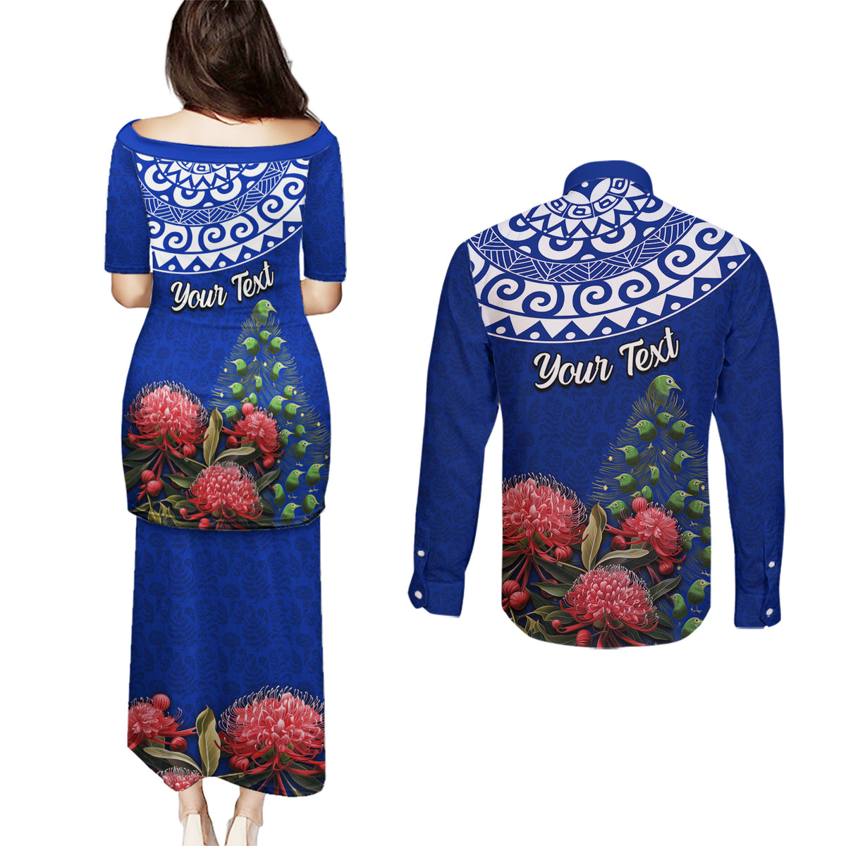 Personalized New Zealand Christmas Couples Matching Puletasi Dress and Long Sleeve Button Shirt Maori Santa Pikorua and Pohutukawa Meri Kirihimete Blue LT03 - Polynesian Pride