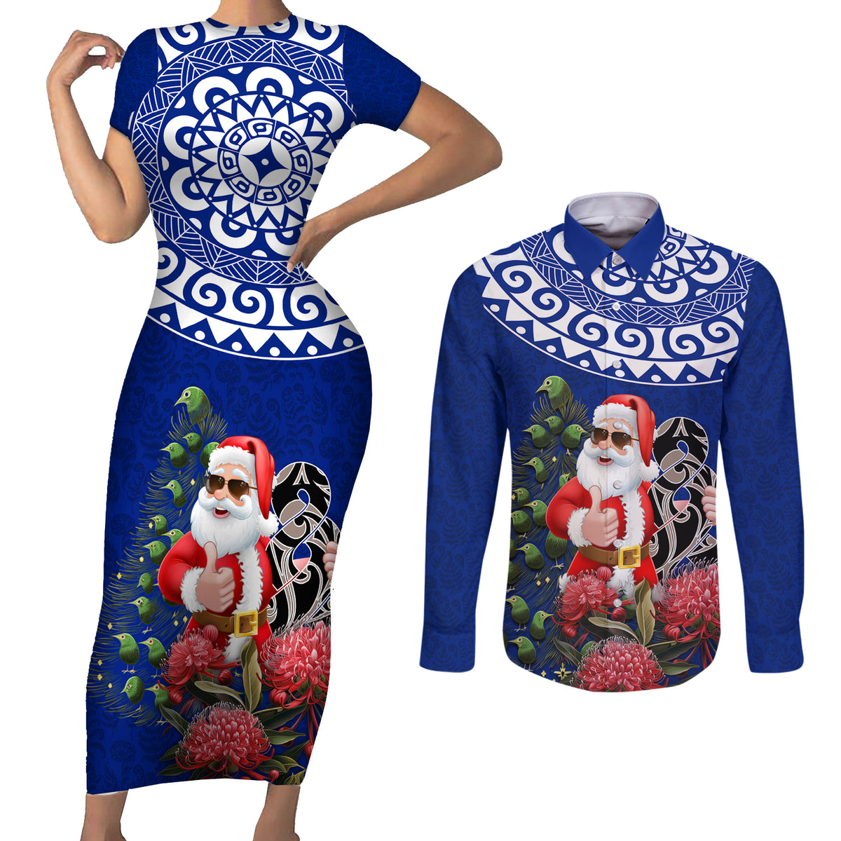 Personalized New Zealand Christmas Couples Matching Short Sleeve Bodycon Dress and Long Sleeve Button Shirt Maori Santa Pikorua and Pohutukawa Meri Kirihimete Blue LT03 Blue - Polynesian Pride