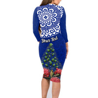 Personalized New Zealand Christmas Family Matching Long Sleeve Bodycon Dress and Hawaiian Shirt Maori Santa Pikorua and Pohutukawa Meri Kirihimete Blue LT03 - Polynesian Pride