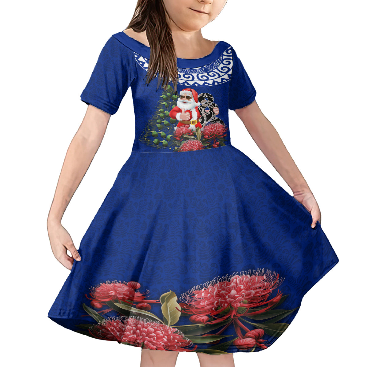 Personalized New Zealand Christmas Family Matching Puletasi Dress and Hawaiian Shirt Maori Santa Pikorua and Pohutukawa Meri Kirihimete Blue LT03 Daughter's Dress Blue - Polynesian Pride