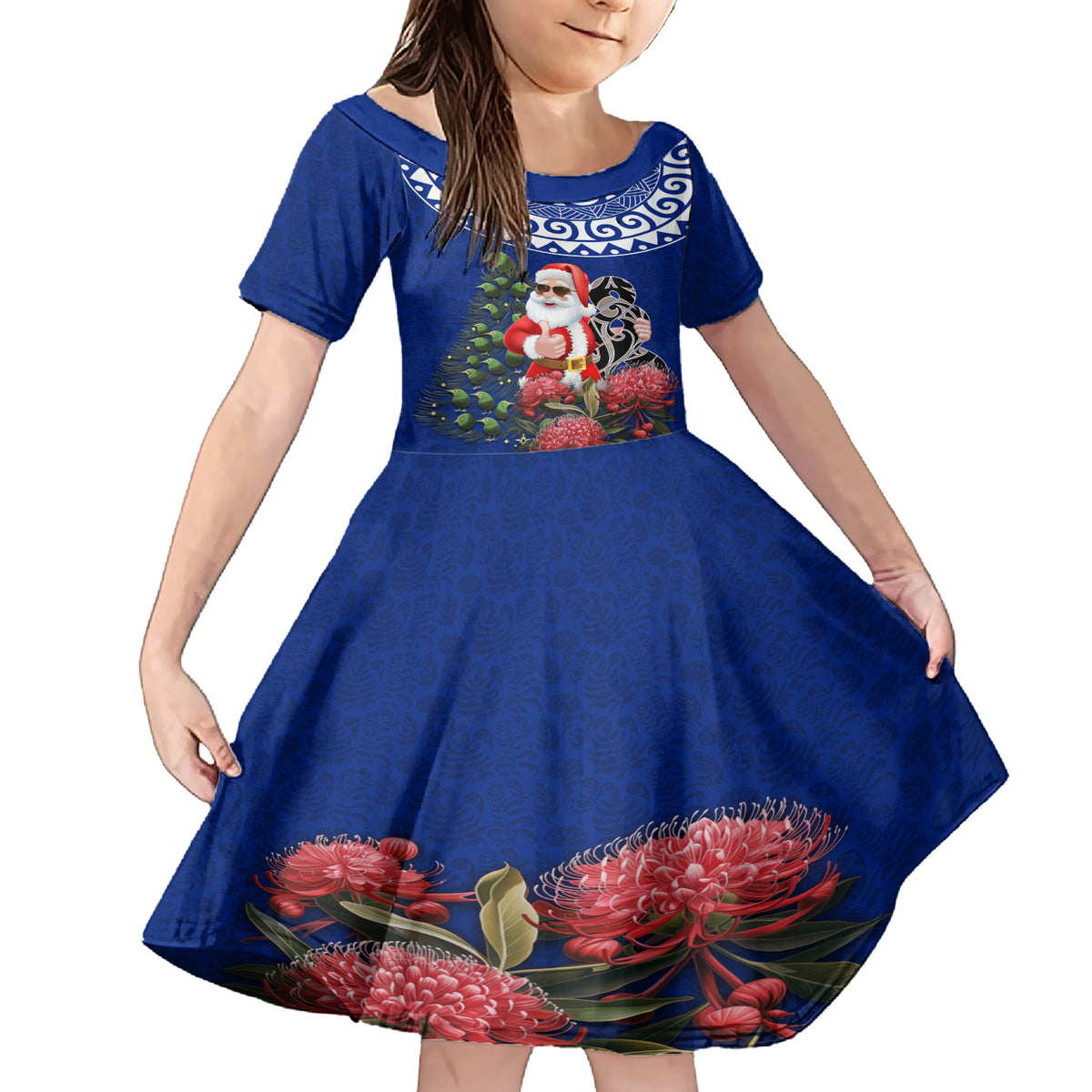Personalized New Zealand Christmas Family Matching Short Sleeve Bodycon Dress and Hawaiian Shirt Maori Santa Pikorua and Pohutukawa Meri Kirihimete Blue LT03 Daughter's Dress Blue - Polynesian Pride