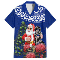 Personalized New Zealand Christmas Family Matching Tank Maxi Dress and Hawaiian Shirt Maori Santa Pikorua and Pohutukawa Meri Kirihimete Blue LT03 Dad's Shirt - Short Sleeve Blue - Polynesian Pride