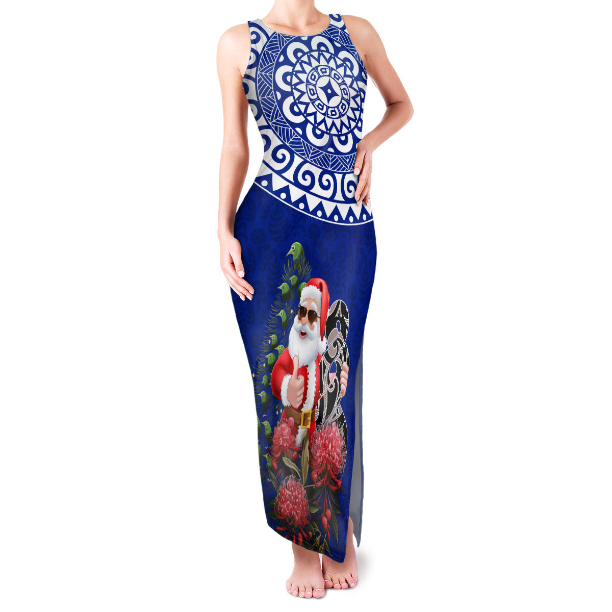 Personalized New Zealand Christmas Family Matching Tank Maxi Dress and Hawaiian Shirt Maori Santa Pikorua and Pohutukawa Meri Kirihimete Blue LT03 Mom's Dress Blue - Polynesian Pride