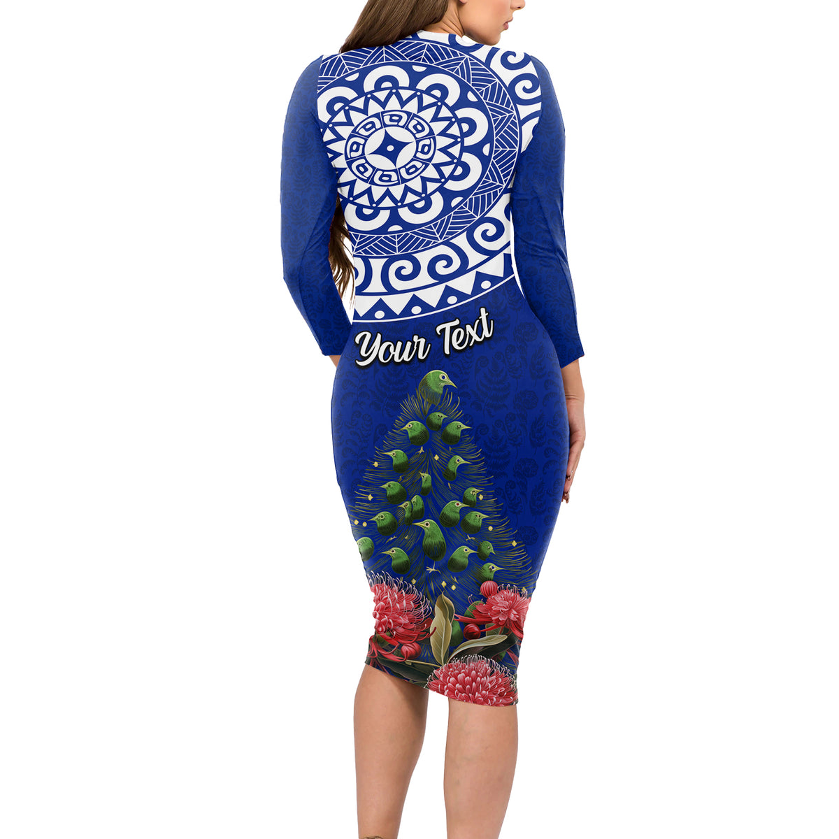 Personalized New Zealand Christmas Long Sleeve Bodycon Dress Maori Santa Pikorua and Pohutukawa Meri Kirihimete Blue LT03 - Polynesian Pride