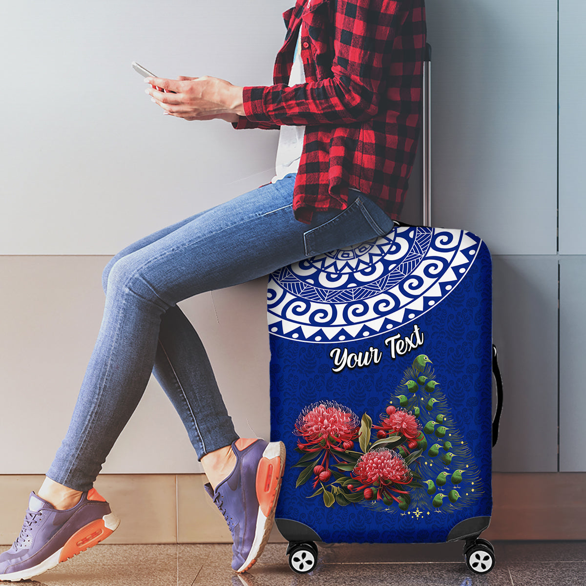 Personalized New Zealand Christmas Luggage Cover Maori Santa Pikorua and Pohutukawa Meri Kirihimete Blue LT03 - Polynesian Pride