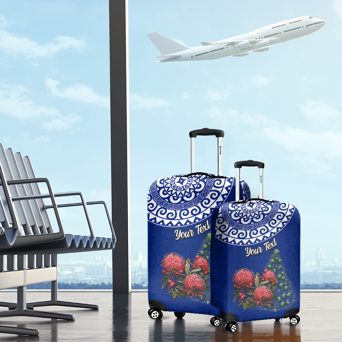 Personalized New Zealand Christmas Luggage Cover Maori Santa Pikorua and Pohutukawa Meri Kirihimete Blue LT03 - Polynesian Pride