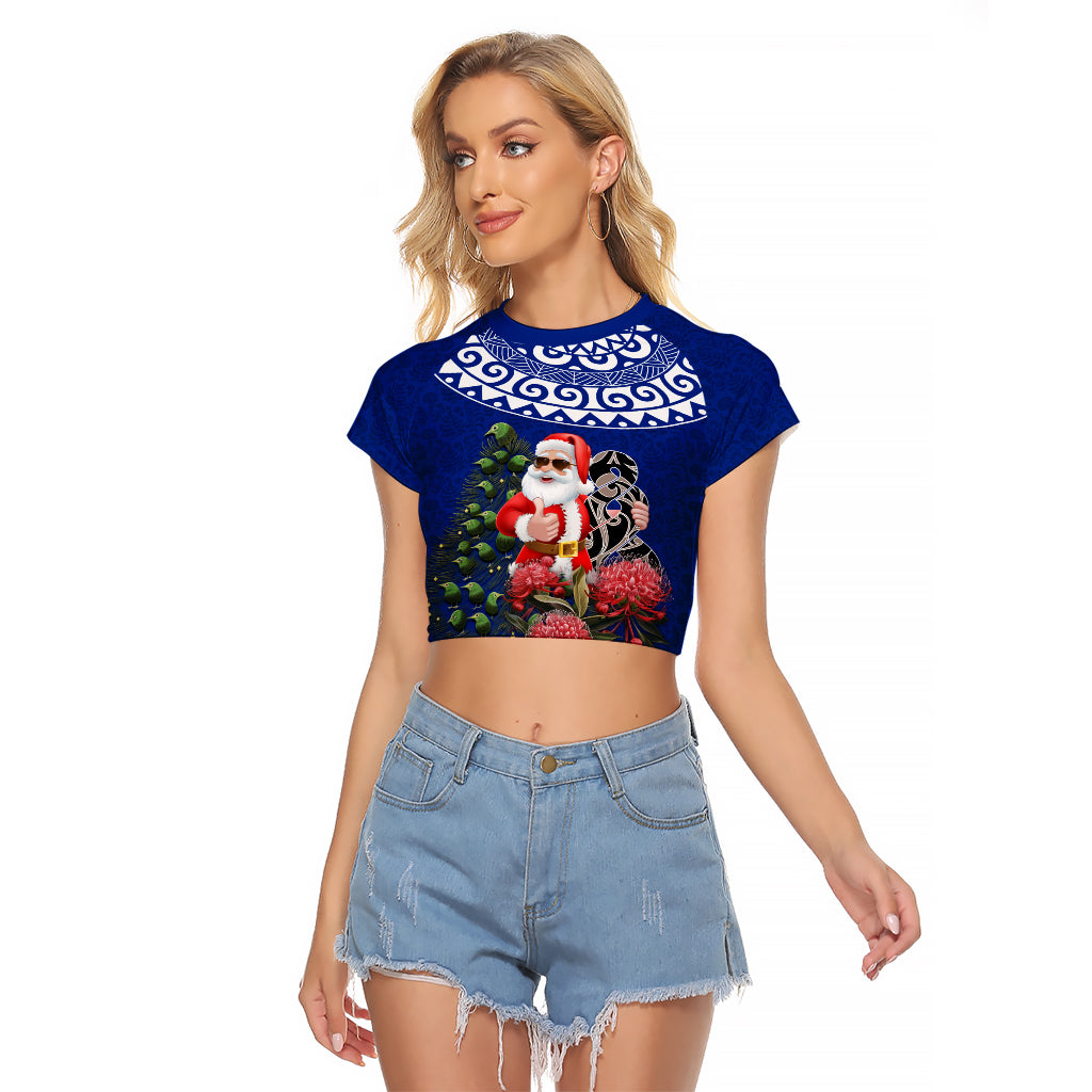 Personalized New Zealand Christmas Raglan Cropped T Shirt Maori Santa Pikorua and Pohutukawa Meri Kirihimete Blue LT03 Female Blue - Polynesian Pride