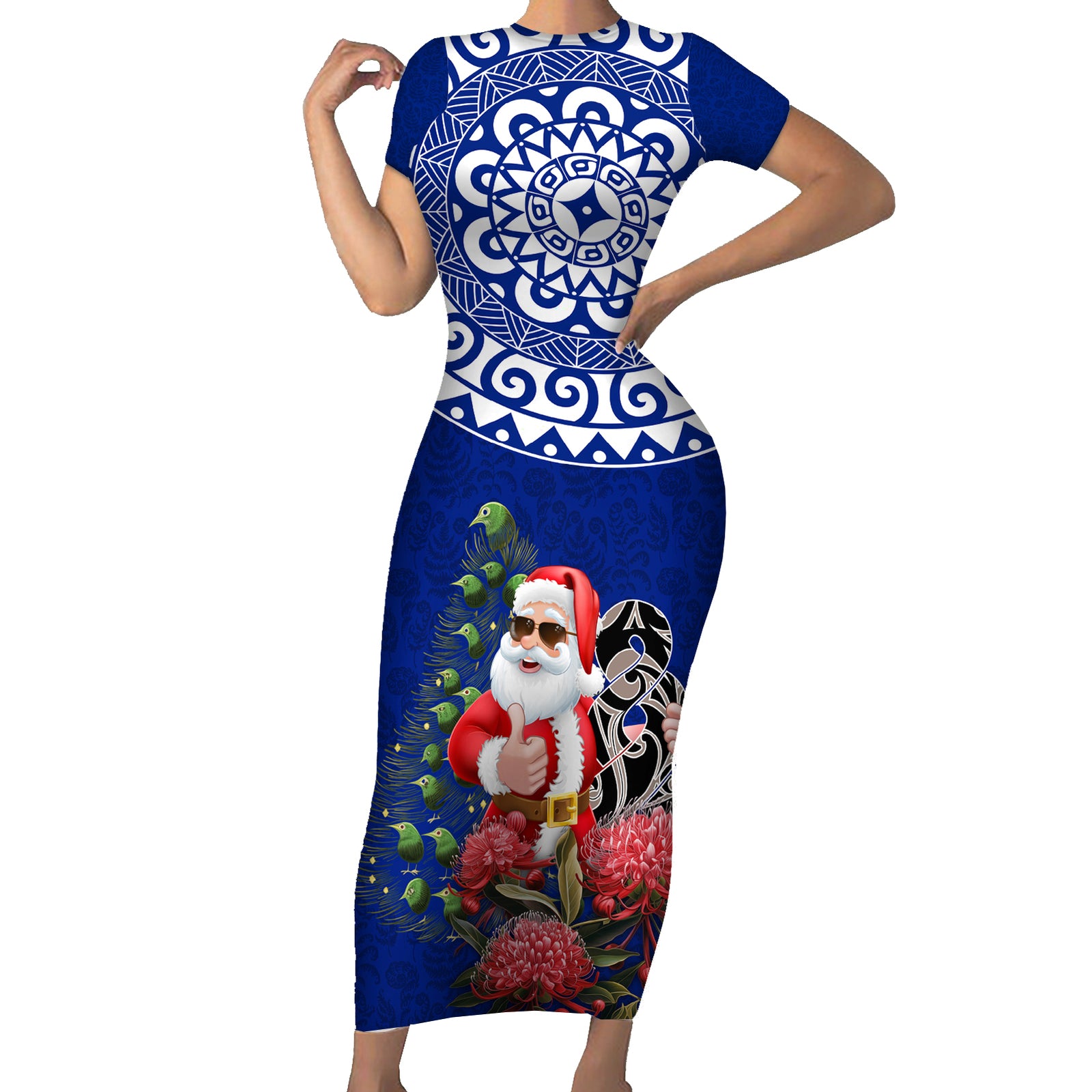 Personalized New Zealand Christmas Short Sleeve Bodycon Dress Maori Santa Pikorua and Pohutukawa Meri Kirihimete Blue LT03 Long Dress Blue - Polynesian Pride